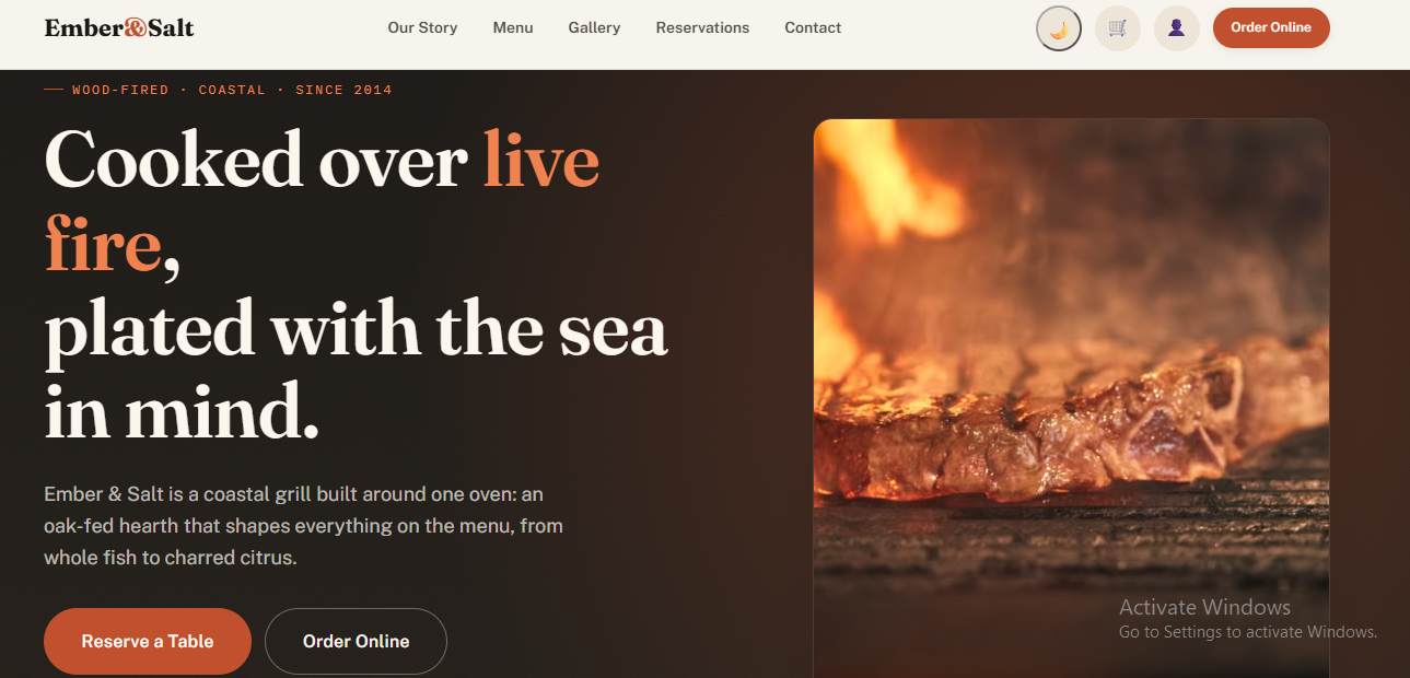 Ember and Salt restaurant ordering website homepage